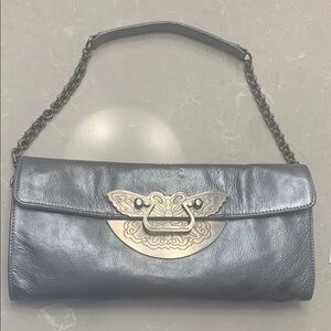 CBGB & OMFUG metallic pewter/ silver shoulder bag with butterfly and chains
